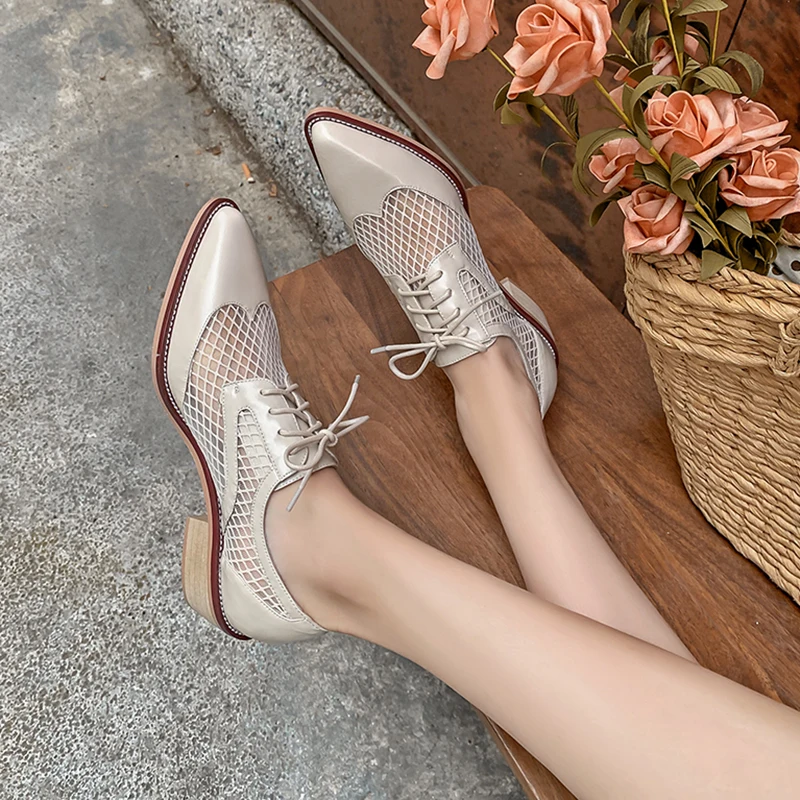 Genuine Cow Leather Oxfords Women Shoes Lace-Up Ladies Brogue Flat Derby Shoes Pointed Toe Lace-up Heels Women Shoes for Women