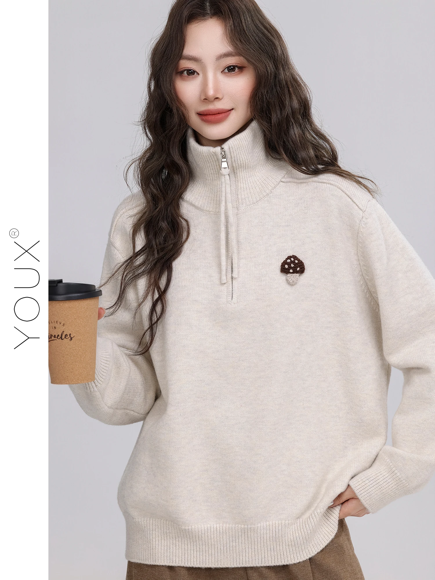 

Loose Women's Lazy Sle f Zipper Musoom Hook Flower Stand Collar Sweater Spring New Arrival Comfortable Polyester Fiber