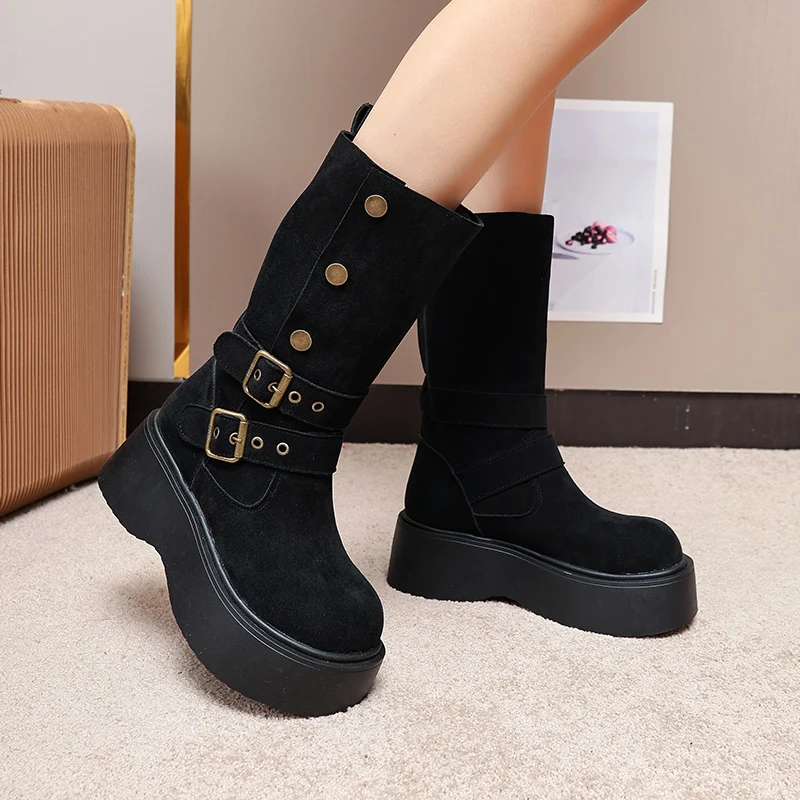 منتصف العجل النساء الأحذية أحذية منصة مسطحة تشيلسي الأحذية 2025 الشتاء مشبك أحذية مشي غير رسمية الجلد المدبوغ الثلوج بوتاس موهير Zapatos