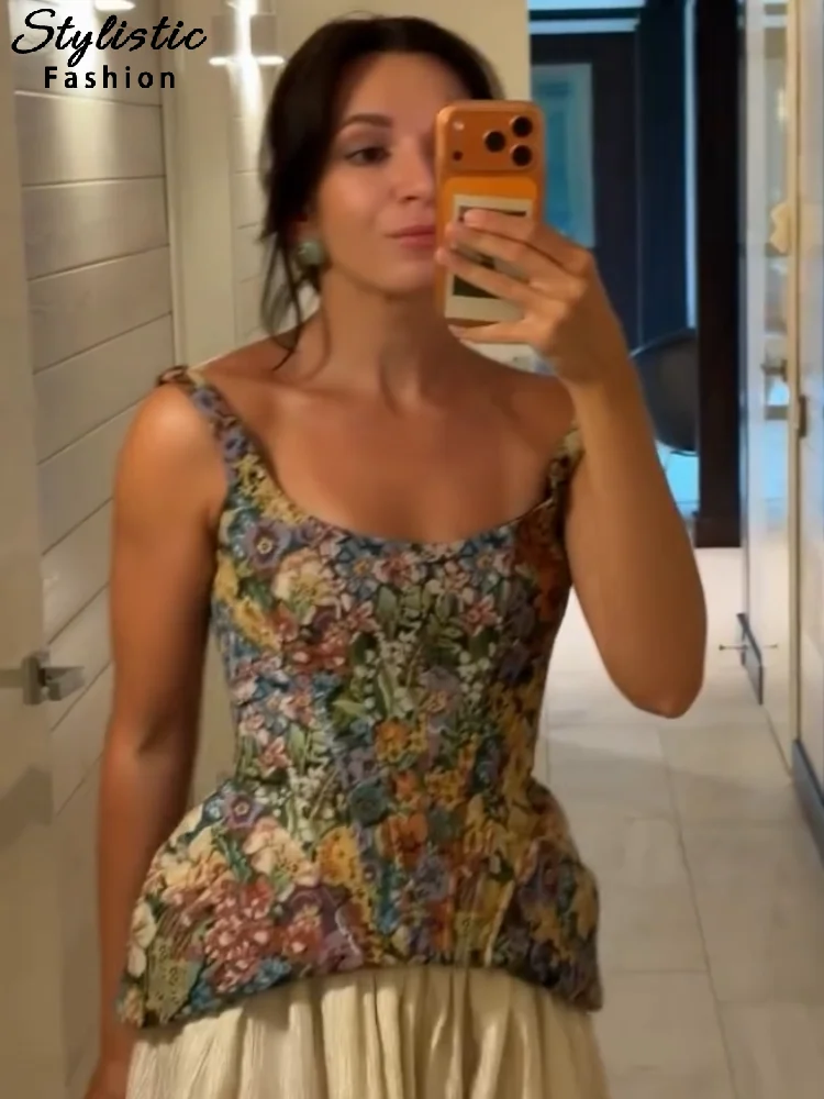 Top Chic Imprimé Floral Slim pour Femme, Sans Manches, Col Bateau, Dos Nu, Fermeture Éclair, Gilet Tendance Été Automne 2026 1