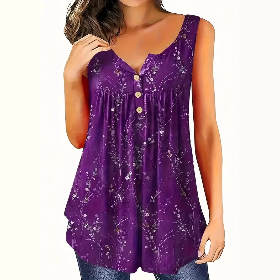

Y2K fashionable and elegant spring and summer loose solid V-neck women's vest sleeveless pleated women's button casual top