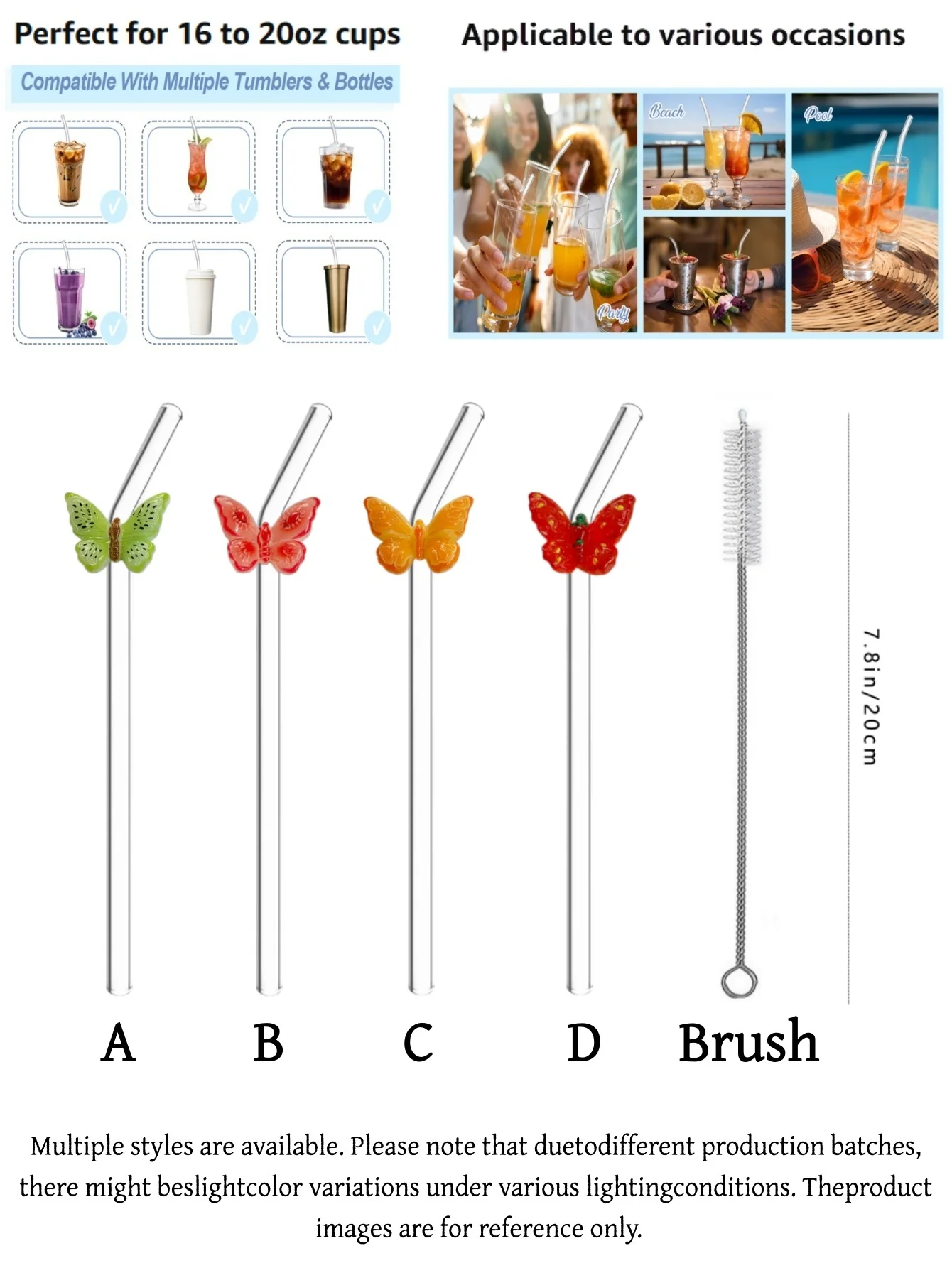 1/4PCS Macaron Butterfly Glass Straw, Perfect Accessory for Outdoor Trips, Gatherings and All Festive Occasions