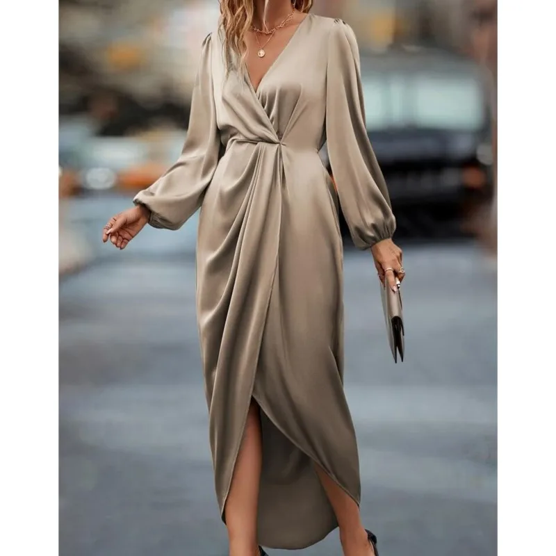 Frauen Satin Abend Party Maxi Kleid Drapierte Seide V-ausschnitt Langarm Büro Dame Midi Kleider Vestidos Sexy Chic Roben Longue
