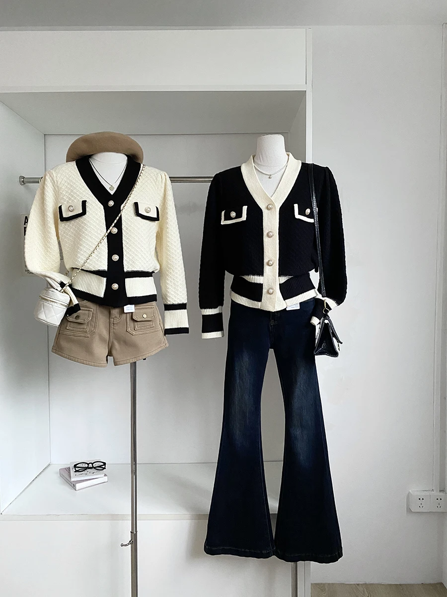 

Slim Fit V-Neck Knitted Short Open Cardigan Women's Autumn Winter Loose Outerwear Sweater Short Jacket Color Block Design