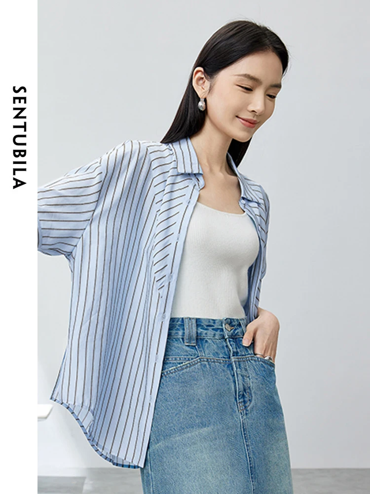 SENTUBILA Summer Thin Striped Shirt 2025 Polo Collar Button Up Loose Split Short Sleeve Blouse Womens Tops Clothing 142C53919