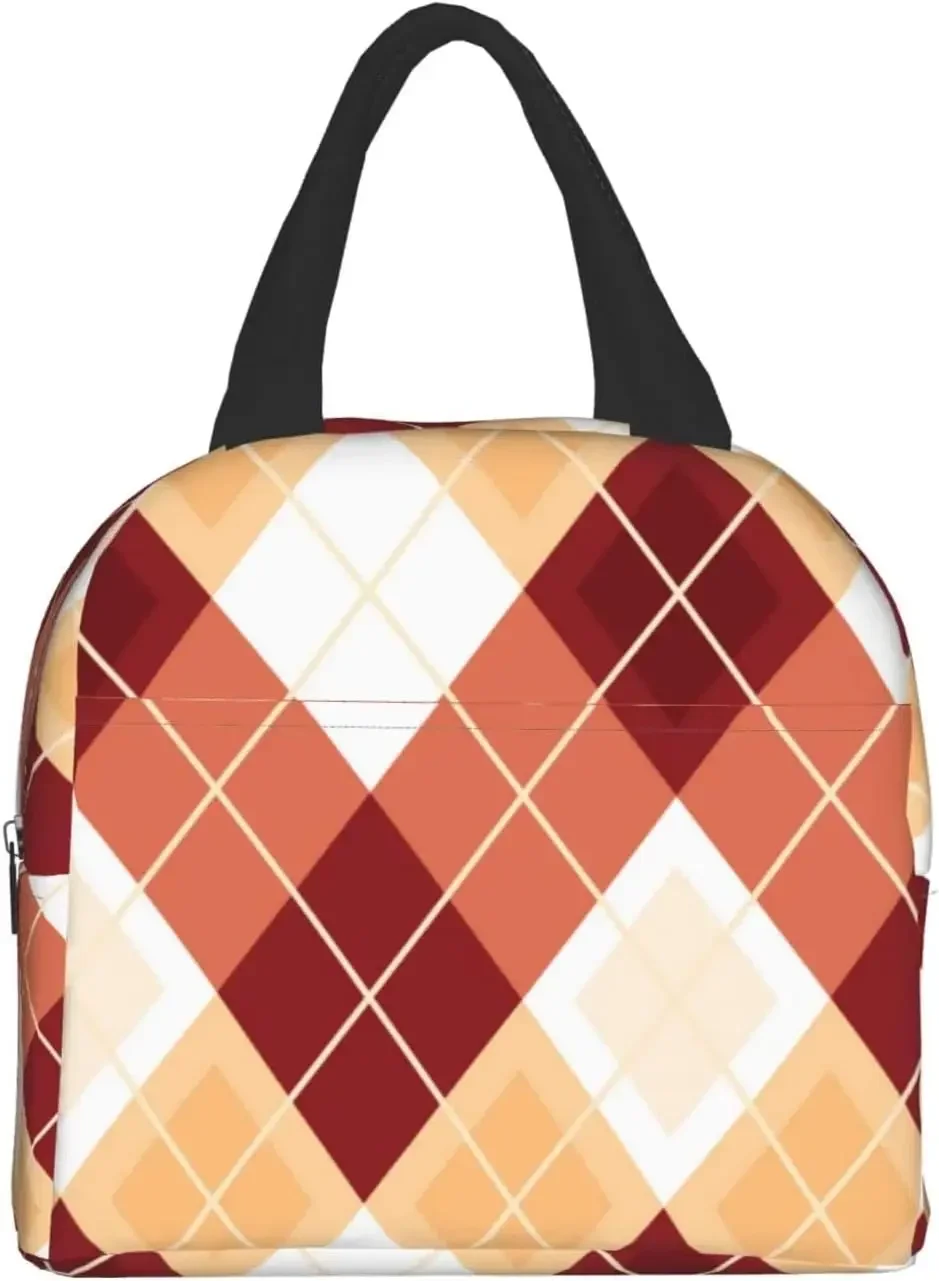 Lunch Bag Pink Beige Argyle Pattern Insulated Lunch Box Reusable Lunch Bags Meal Portable Container Tote