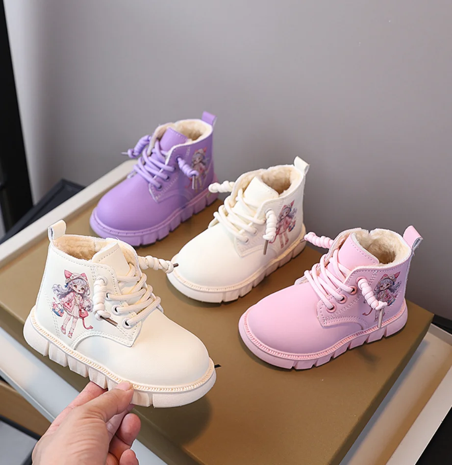Children's Velvet Snow Boots 2022 Winter Fashion Cartoon Pattern Girls' Warm Sneakers Versatile Toddle Waterproof Plush Shoes