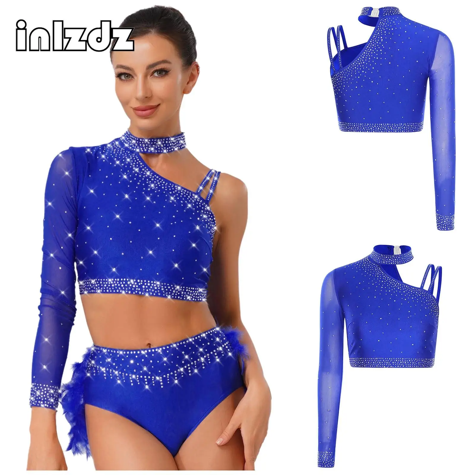 

2025 Womens Latin Dance Crop Tops Single Long Sleeve Asymmetrical Shoulder Rhinestone Top Dancewear for Belly Dance Chacha Tango