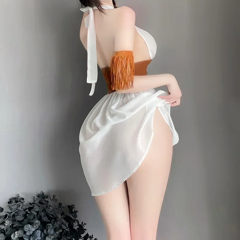 Seductive White Mesh Halter Dress with Brown Corset Waist Women Sexy Lingerie Western Cowgirl Cosplay Costume Maid Outfit