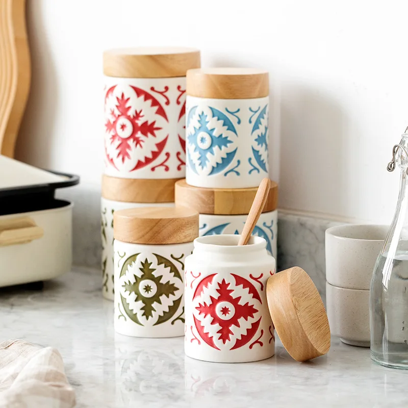 Ceramic Kitchen Jars Wooden Cover Food Container Set Kitchen for Storage and Order Bulk Cereals Organizer Spices Organization