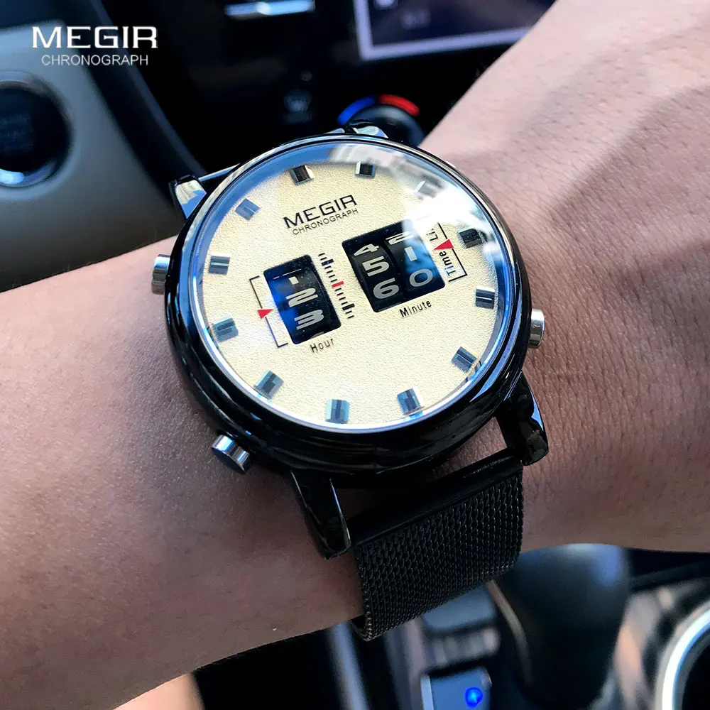 MEGIR 2137 Relojes Para Hombres Watches Men Military Sport Brown Leather Quartz Wrist Watch Luxury Drum Roller Relogio Masculino