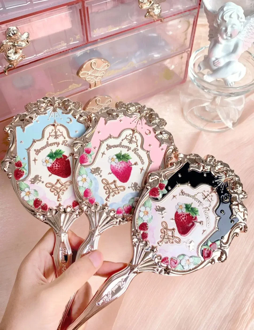 

Strawberry Rococo Hand Mirror Makeup Tools Chocolate Small Mirror