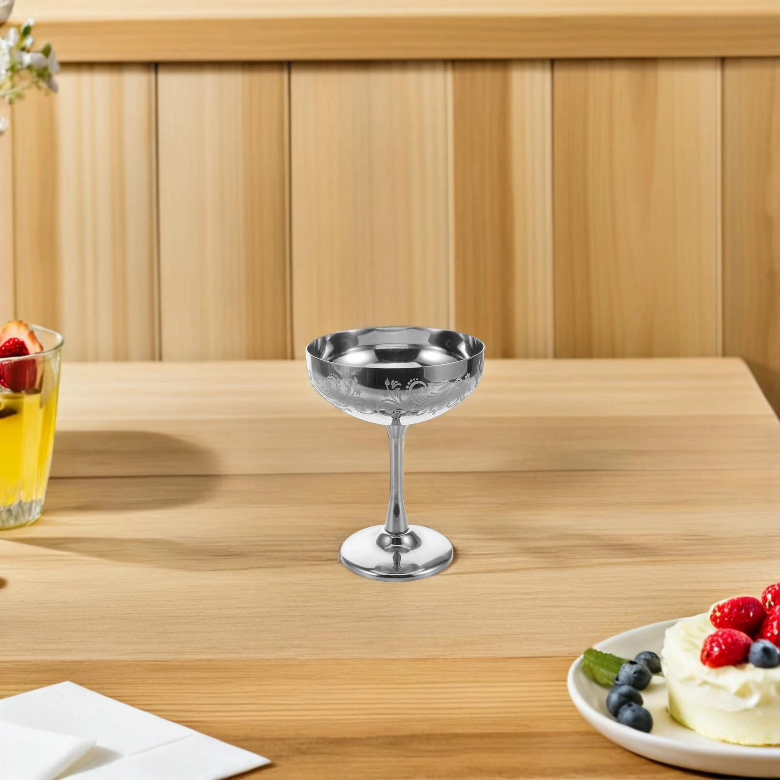 

Чашка для мороженого из нержавеющей стали с цветочным узором, бокал на высоких ножках, 280 мл, ретро, винтажные чашки для вечеринок, кремовые чашки