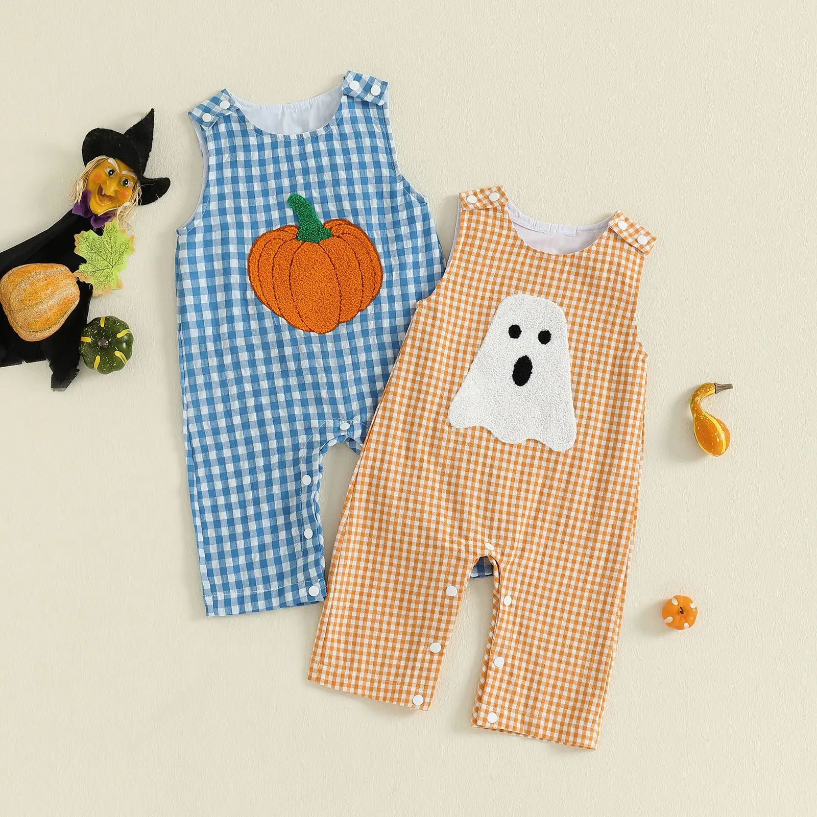 

Baby Newborn Items Halloween Cotton Plaid Overall Romper 0-18M Baby Girl Boy Onesie Pumpkin Ghost Embroidery Sleeveless Jumpsuit