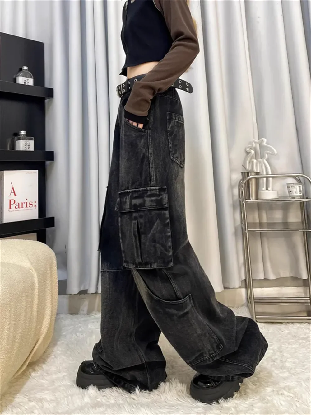 Vintage Korean 90s Aesthetic Y2k Denim Trousers Harajuku High Waist Cowboy Pants 2000s Clothes Women's Black Gothic Cargo Jeans