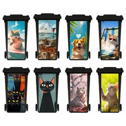 Creative Animal Personality Murals Trash Can Sticker Removable Kitten Surfing Art Decals for Outdoor Wheeled Dustbin Poster
