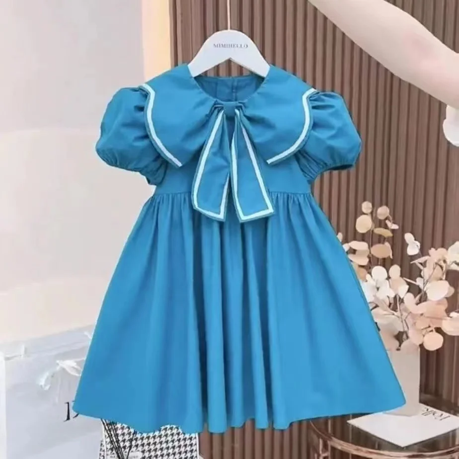 Girls' Academy Style Summer Dress 2024 New Clothing Little Girl Internet Red Dress Children's Blue Princess Dress