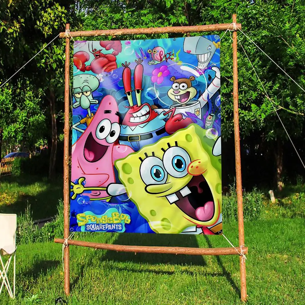 S-Sponge B-Bob Anime Creative Pattern Hanging Flag Polyester Printed Banner Hand Pulled Flag