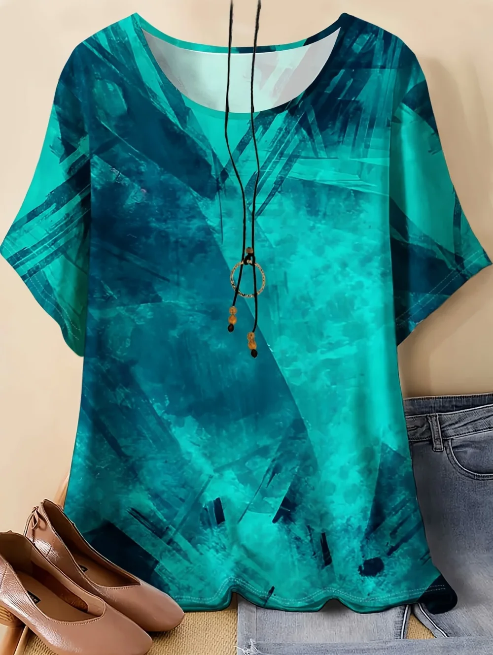 Vintage Damen Sommer T-Shirt Farbverlauf-Druck Eleganter O-Ausschnitt Kurzarm-Tees Mode Streetwear Lockere Oberteile Y2k Damenbekleidung – Detail 6