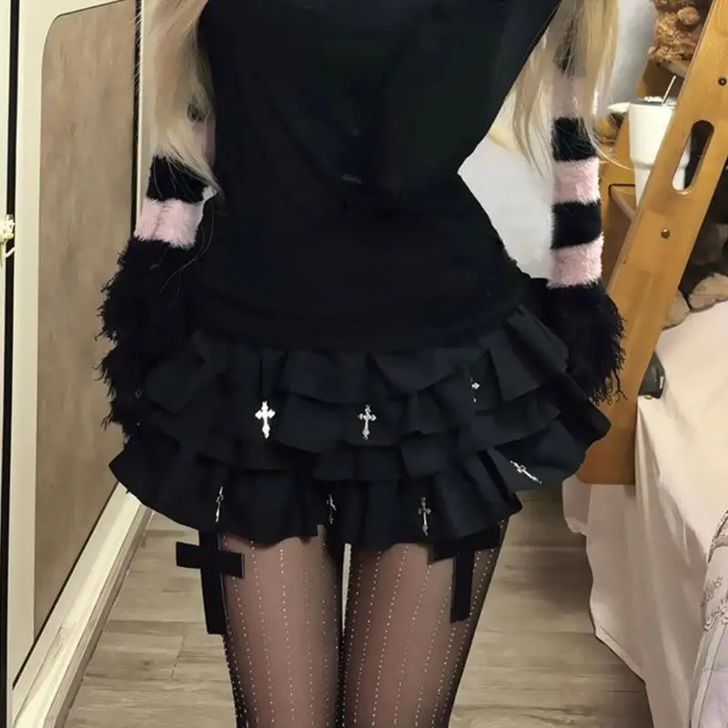 Coalfell Gothic Abi Style Cross Black Puffy Skirt Female Subculture Punk Y2k Half Body Cake Skirt