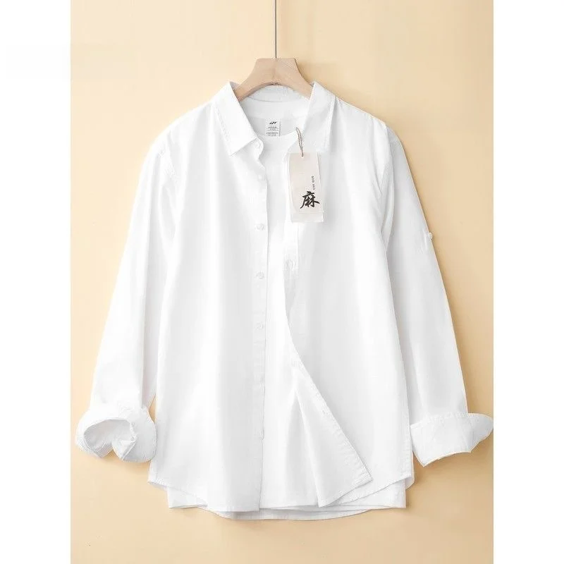 

White Linen Cotton Casual Loose Fit Breathable irt Men's Long Sve Thin Sle Versatile Pure Color Spring Autumn Top