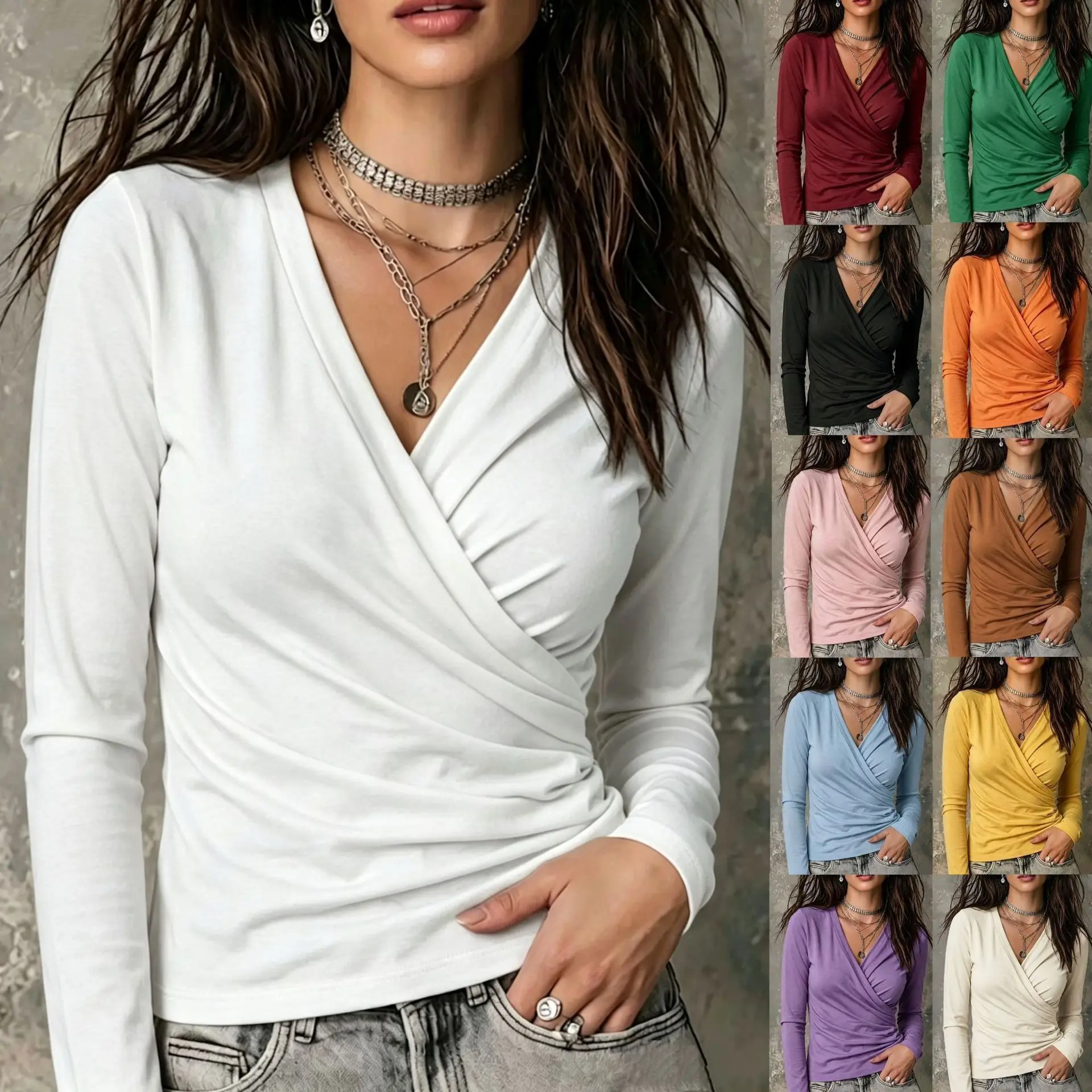 2026 Autumn. New Women's Cross. V-neck Pleated Long Sleeve T-shirt Random Top For Women. Dresses For Women Beach Elegant Femme