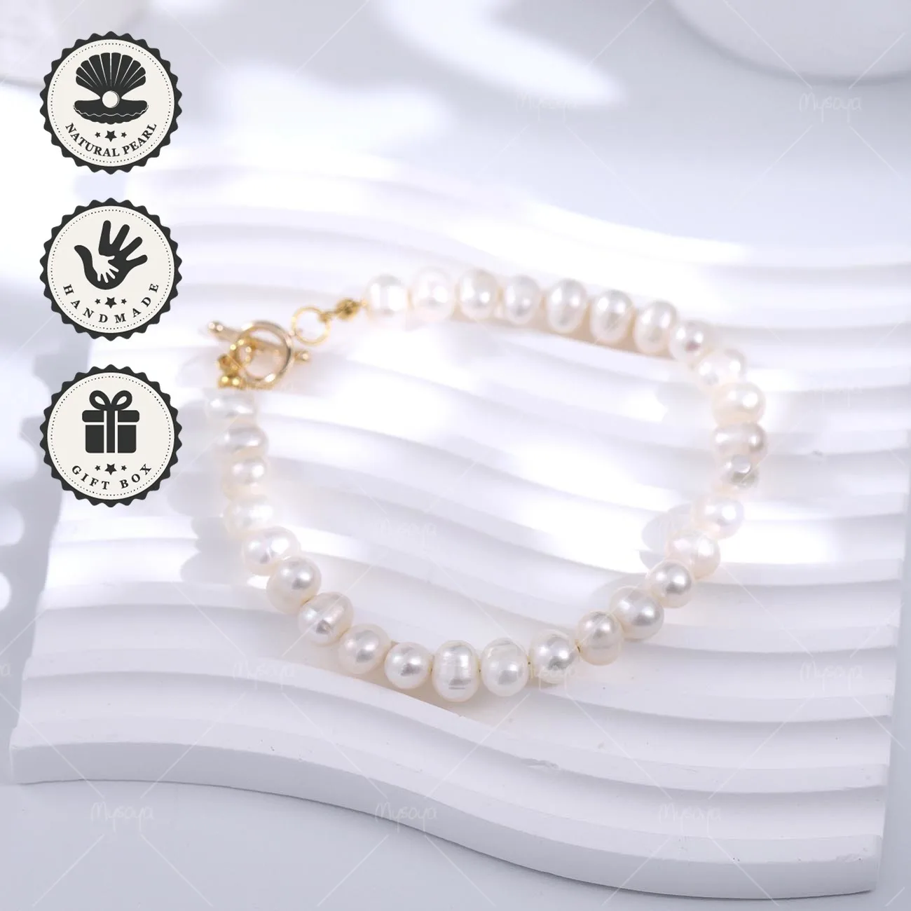 

Браслет Mysoya из белого пресноводного жемчуга 7–8 мм с золотой застежкой OT и подарочной коробкой, подарок на День святого Валентина или день рождения для нее