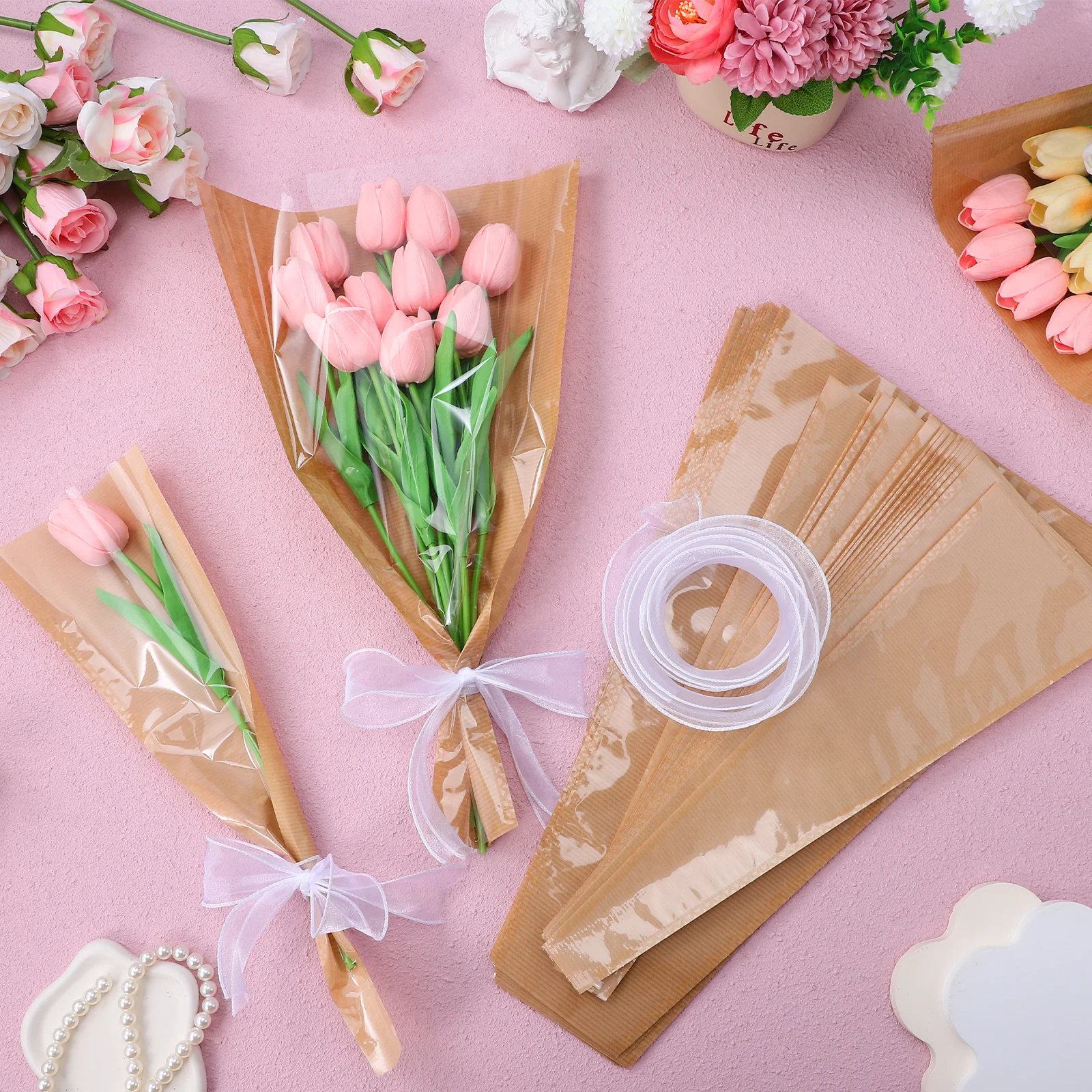 

Kraft Paper Wrapping Bags Various Sizes Transparent Design Includes Ribbon Floral Paper For Bouquets Flowers