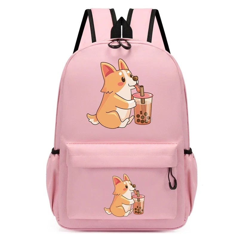 Cute Corgi Boba Print Backpack para estudantes, saco de computador, Anime Cartoon Bagpack, Travel Knapsack, moda