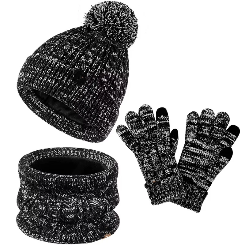 Anak perempuan topi pelangi Beanie dengan Pom Knit leher hangat sarung tangan sarung tangan bulu berjajar Set topi musim dingin anak-anak Set syal sarung tangan