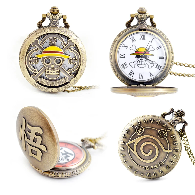 One Piece Anime Pocket Watch Dragon Ball Naruto Retro Flip Pocket Watch Necklace Pendant Accessories Toys Men'S Friend Gifts