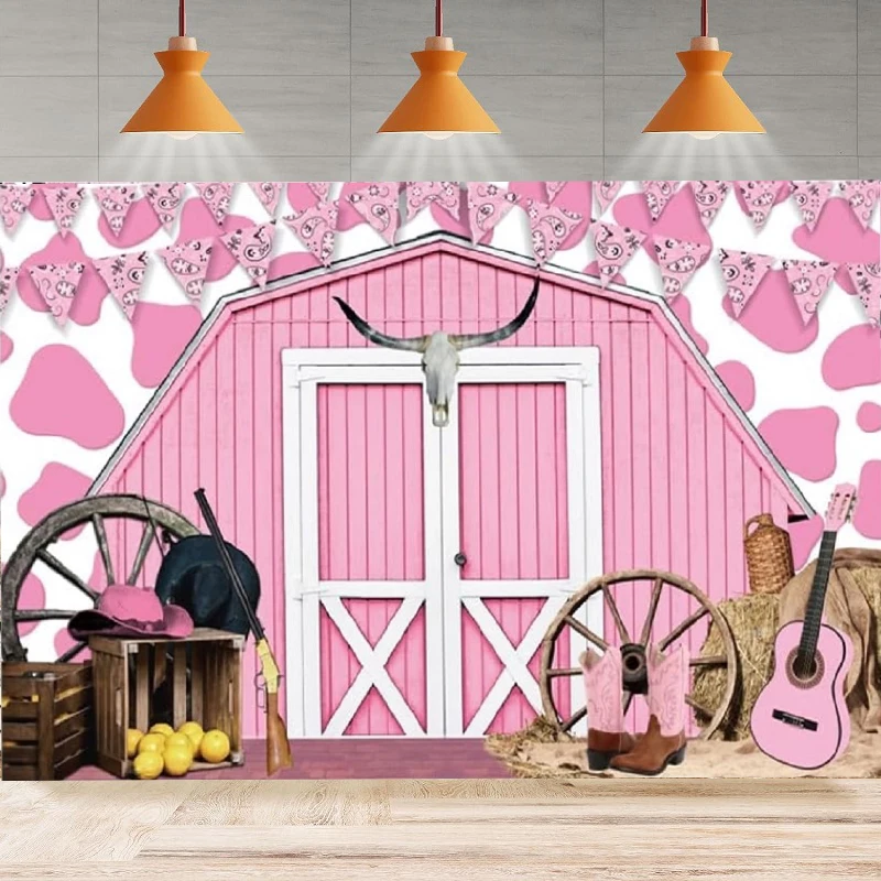 Western Cowgirl Photography Backdrop Pink Barn Door Cow Farm Country Rustic Wooden House Background Party Backdrop Wall Banner