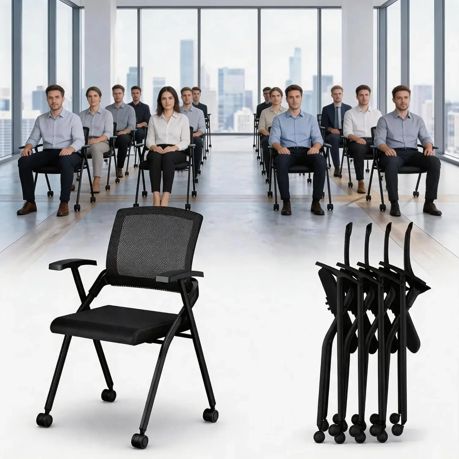 Folding Office Chair with Wheels - Mobile Mesh Back Conference Room Chair with Padded Seat, Foldable & Stackable for Meeting Roo
