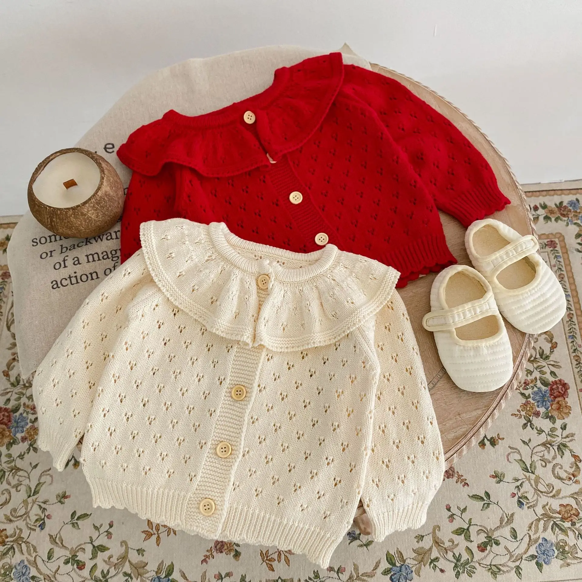 

2024 Autumn and winter 0-3 years old girl baby cotton knitted cardigan lotus collar hollow-out long-sleeved sweater coat