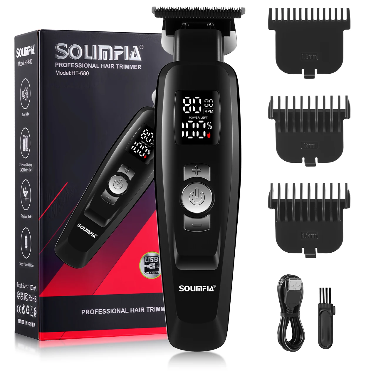 Solimpia Electric Hair Clipper with 3-speed Adjustment Oil Head Push-button Carving White Salon Hair-cutting Blade with LCD