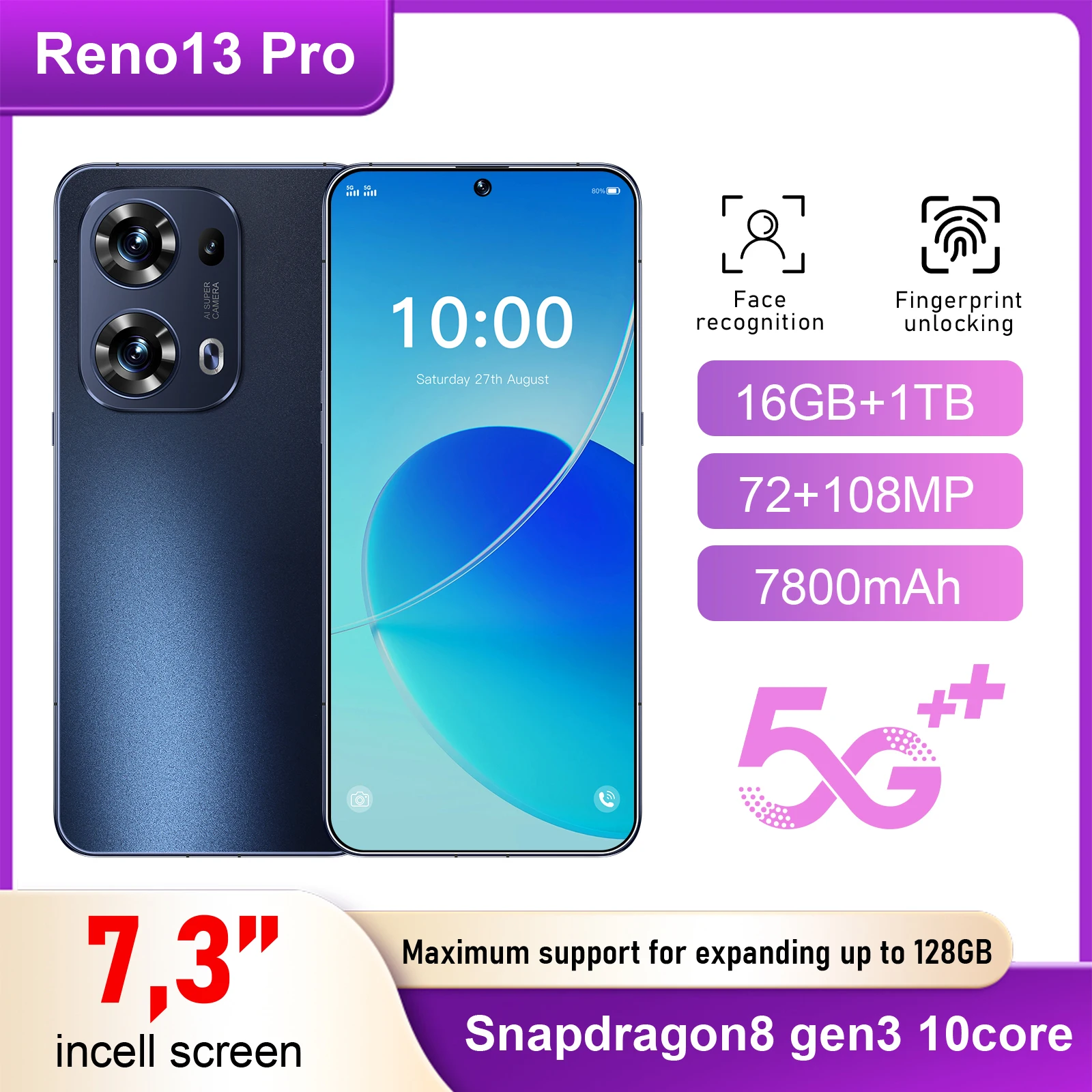 

HOT 2026 New Reno13 Pro 7.3inch HD Android 15 22GB+2TB 7800mAh Battery 4G 5G Dual Sim Card WiFi GPS Google