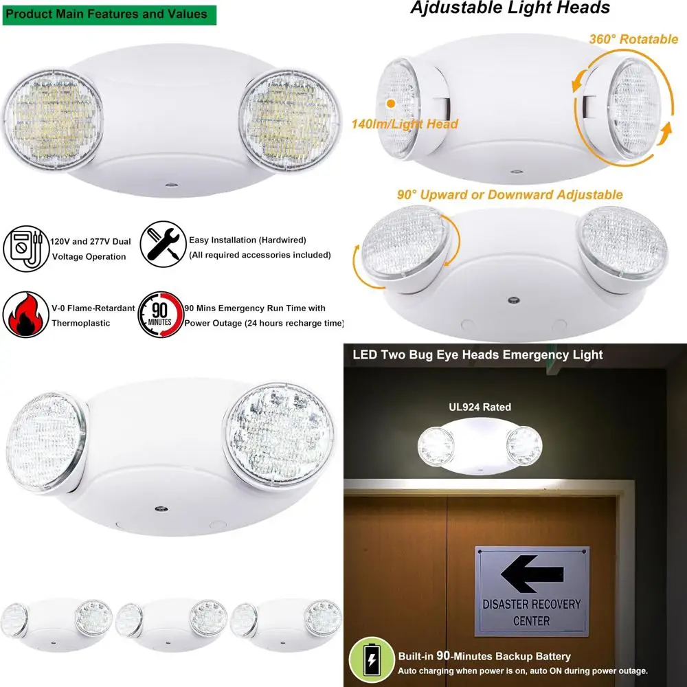 

2 LED Bug Eye Exit Lights with Backup Batteries - UL924 & CEC Qualified, 120/277V, White, 4-Pack