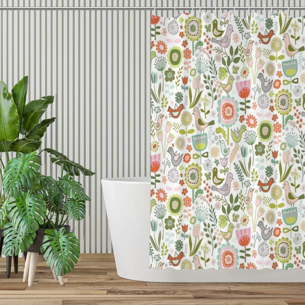 Vogels En Bloemen Lente-Mooi Bloemenvogelpatroon Door Cecca-Ontwerpen Douchegordijn Voor Esthetische Kamerdecoratie In De Badkamer