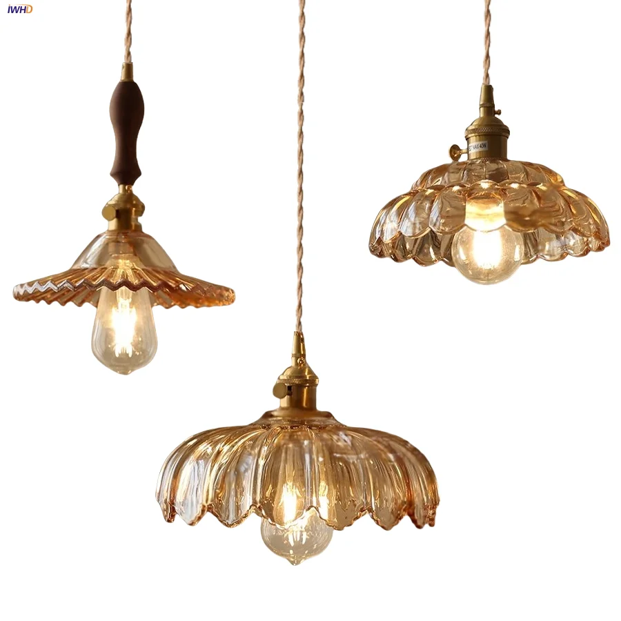 

IWHD Янтарный Цветок Стекло Светодиодные Подвесные Светильники Ресторан Гостиная Recor Nordic Современная Медная Ручка Переключатель Орех Подвесной Светильник Lampen