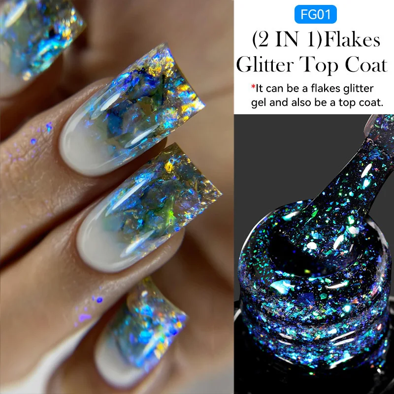 LILYCUTE 7ML 2 en 1 flocons paillettes couche de finition bleu feuille d'or effet Gel vernis à ongles tremper vernis Semi Permanent Nail Art bricolage