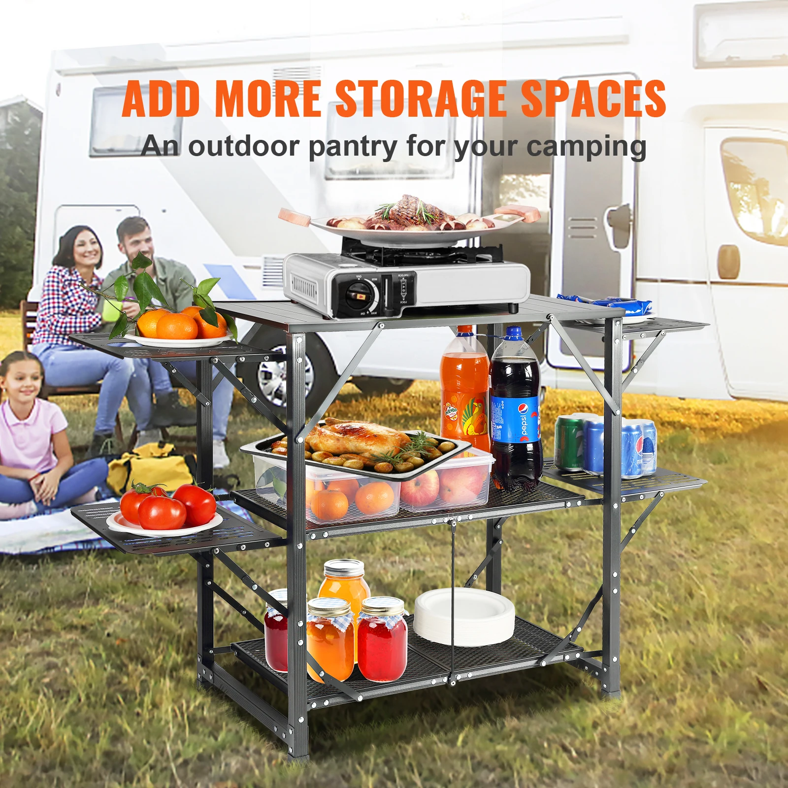 SucceBuy Camping Kitchen Table One-piece Folding Portable Cook Station Aluminum Camping Folding Table for Outdoor Picnics BBQ image 2