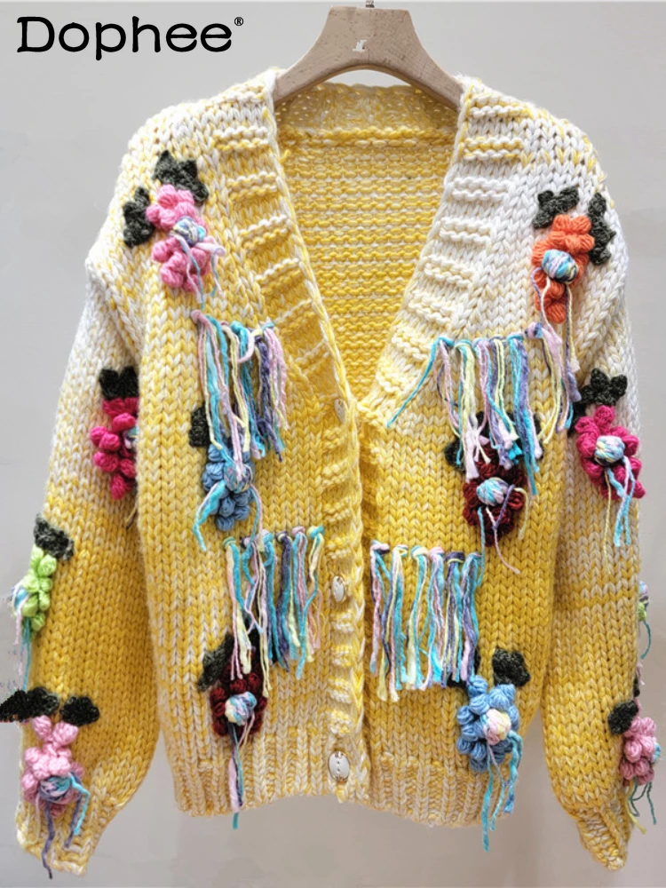 2024 Autumn Winter New Yellow Sweater Cardigan Women Hand-woven Fringed Crochet Three-dimensional Decoration Loose V-neck Top