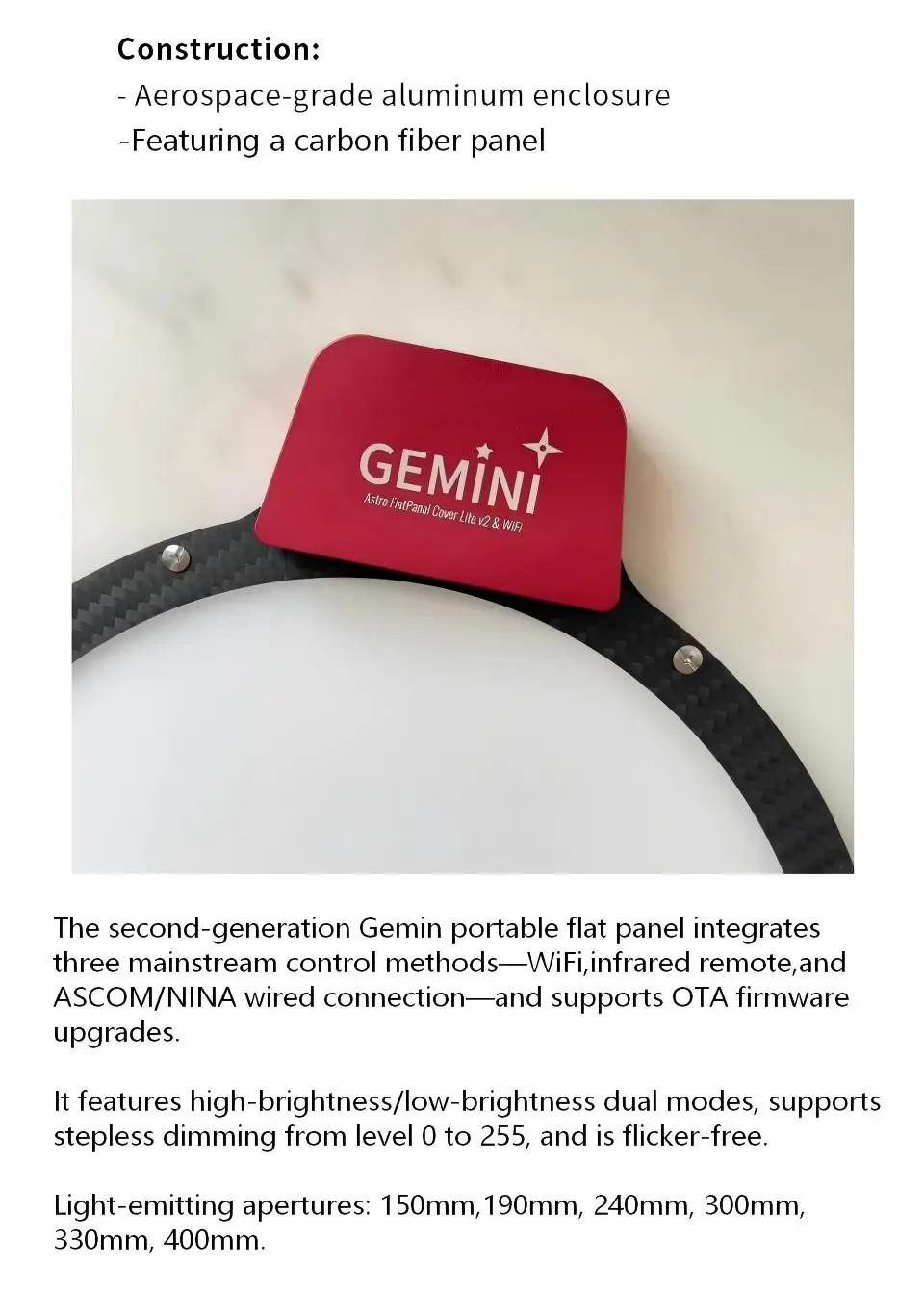 2026 Neues WiFi Gemini Astro Handheld-Flachpanel für Deep-Sky-Astrofotografie – Tragbare flimmerfreie LED-Leuchte mit ASCOM/NINA-Unterstützung – Detail 2