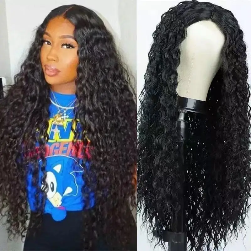 

European and American New Year's Wig for Women, Middle Part, Black Long Curly Hair, Corn Perm, African Small Curls, Synthetic Ha