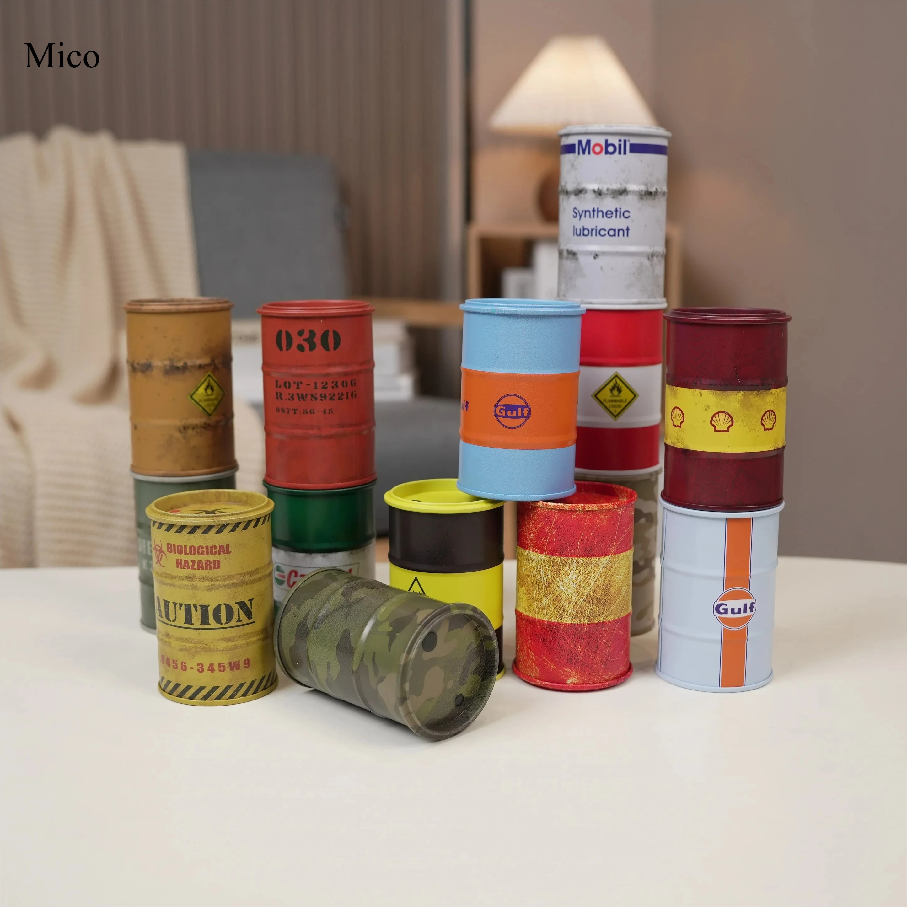 

Mini Iron Oil Drum Model, Retro Chemical Barrel Ornament, Scene Layout Decor, Desktop Storage Box & Tabletop Decoration