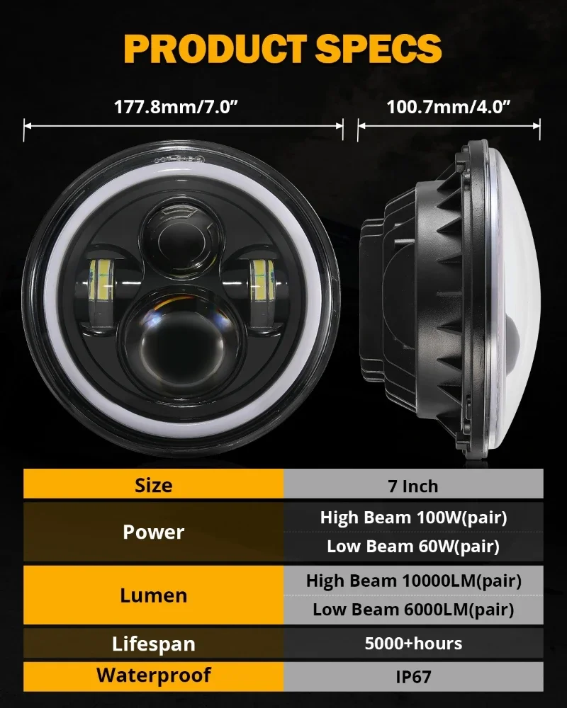 Upgrade 7Inch LED Headlights with RGB Halo Ring Low & High Beam blueteeth App Control Music Voice for Jeep Wrangler JK TJ LJ