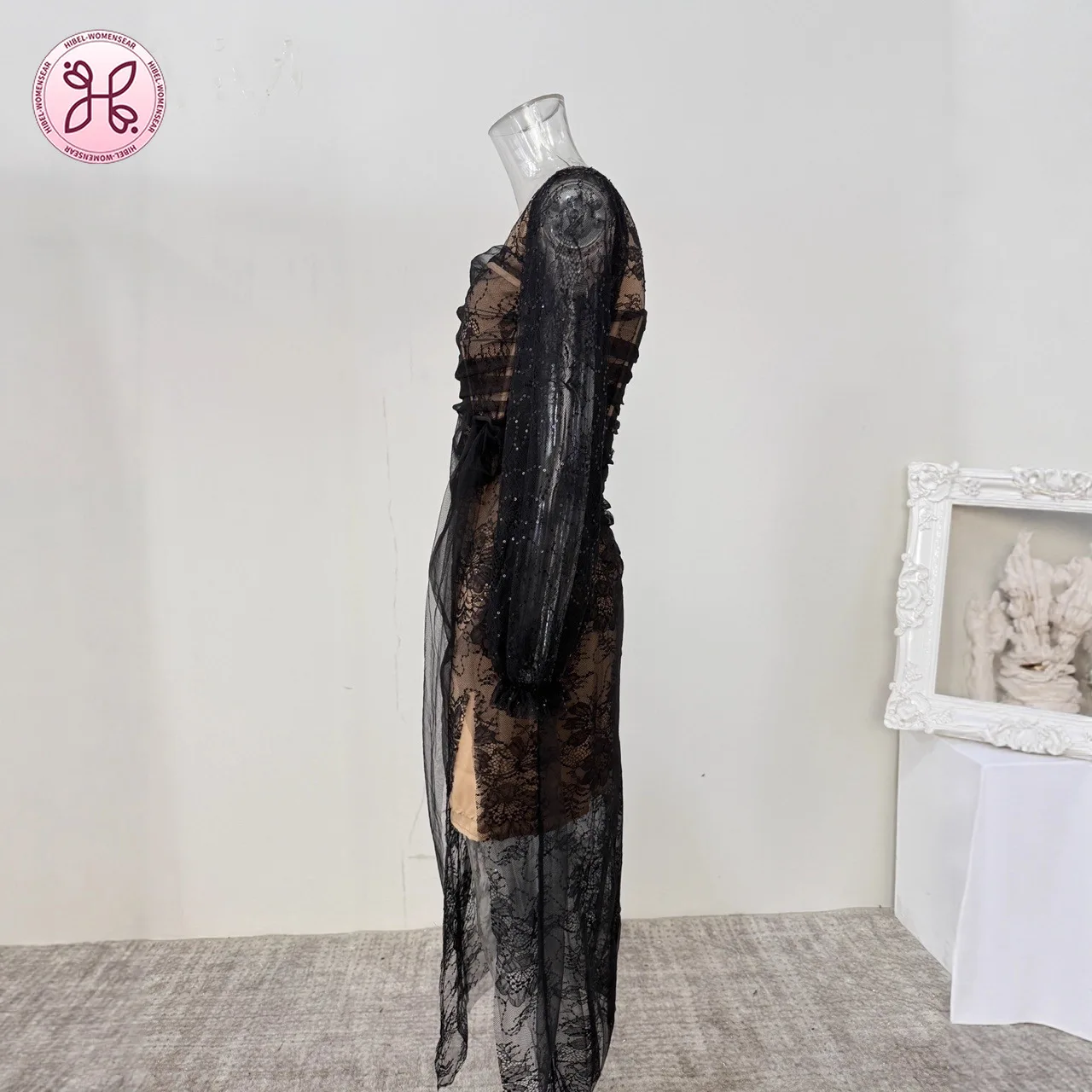 فستان دانتيل مشد فاخر - فستان ماكسي شبكي شفاف بأكمام طويلة (ملابس رسمية للسهرة الأنيقة للنساء) #2