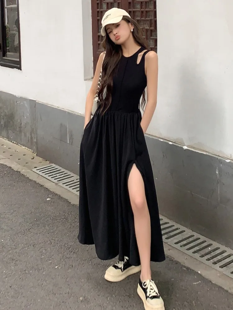 

Women Casual Black Long Dresses Sexy Silt Sleeveless Female Dress Summer Simple Fashion High Waist Y2K Solid Female Clothing New