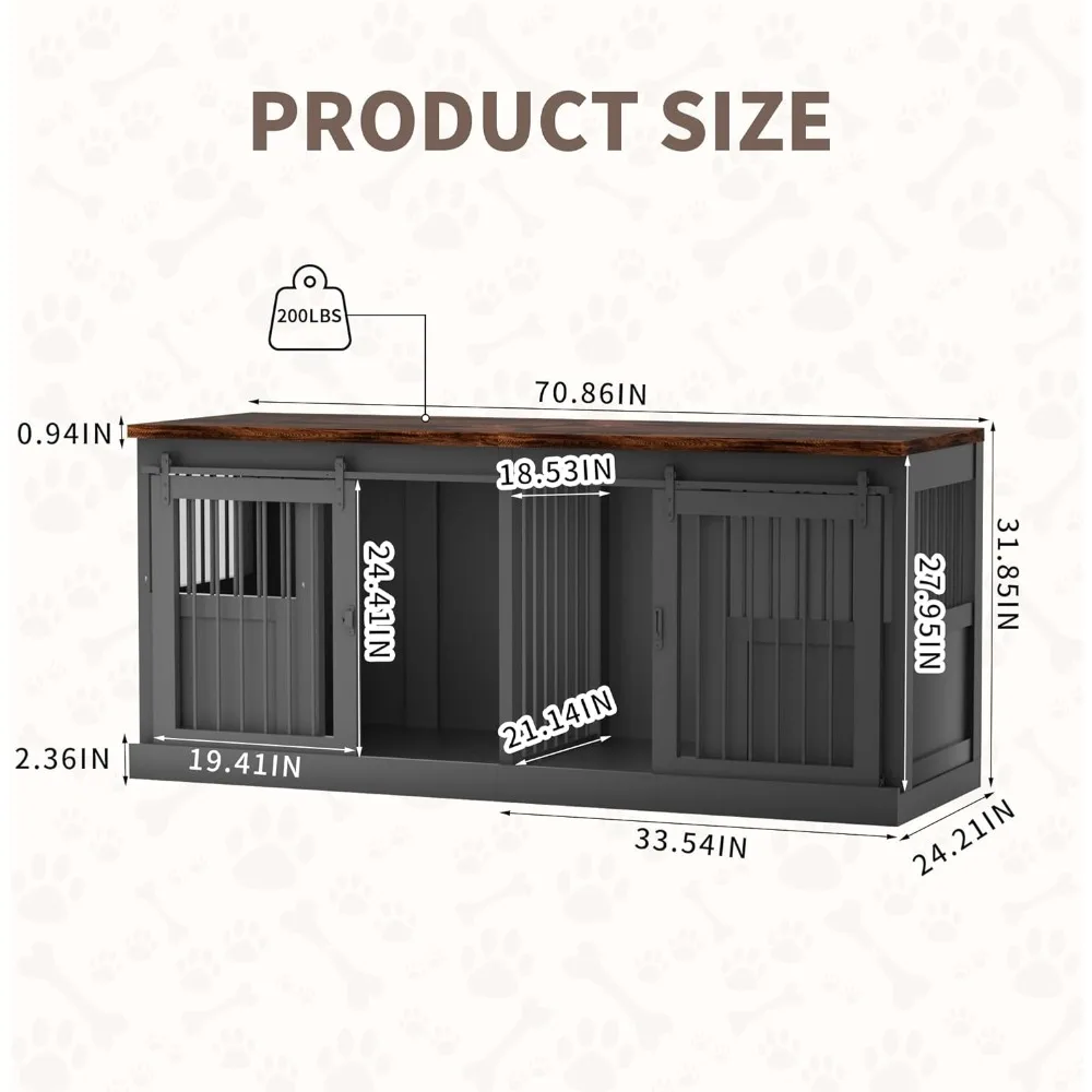 Dog Crate, Double Dogs Kennel Furniture 71 Inch Heavy Duty Dogs Kennel Wooden Dog Cage