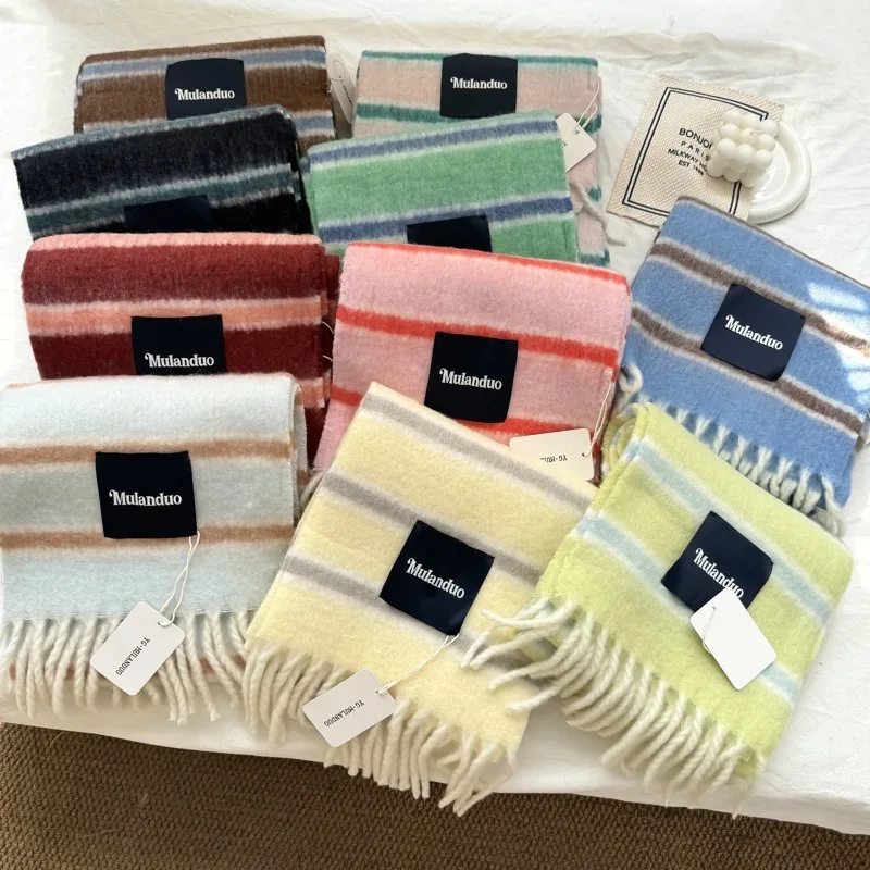 Women's Korean Style Winter Warm Thickened Vintage Stripe Wool Scarf with Mohair Large Shawl for a Stylish and Cozy Atmosphere
